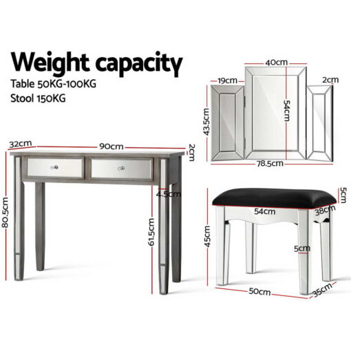 Artiss Mirrored Furniture Dressing Table Dresser Mirror Stool Chest of Drawers - Image 2