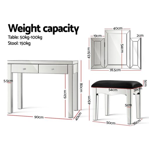 Artiss Mirrored Furniture Dressing Table Dresser Chest of Drawers Mirror Stool - Image 2