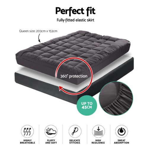 Giselle Queen Mattress Topper Pillowtop 1000GSM Charcoal Microfibre Bamboo Fibre Filling Protector - Image 2